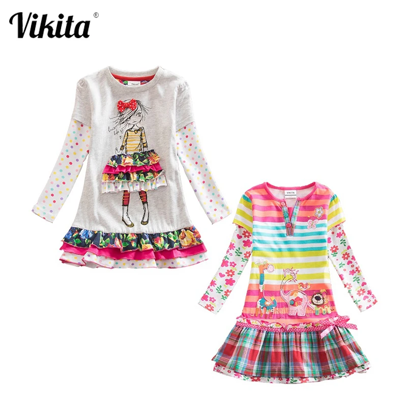 Детское Хлопковое платье с цветочным принтом длинным рукавом и круглым вырезом |