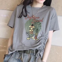 ladies suit 2021 summer new style printed drawstring loose t shirt denim wide leg shorts two piece womens clothing