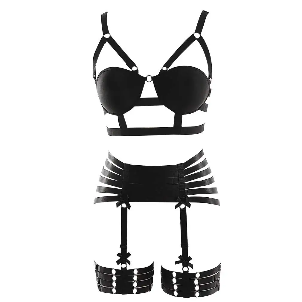 Women Black Strappy Hollow Sexy Lingerie Body Harness Full For Women Harness Body Belts Bondage Garter Set