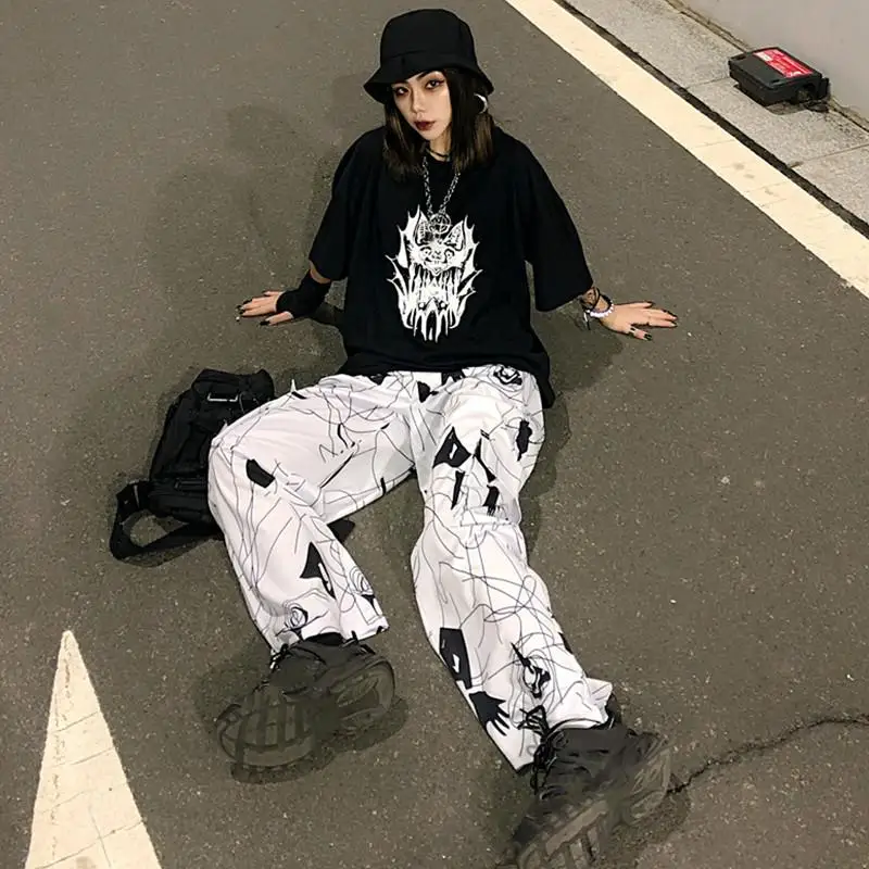 

Harajuku Fashion Cargo Pants Trousers EA Loose Joggers Sweatpants Gothic Pocket Pantlon Streetwear Women Abstract Print Goth