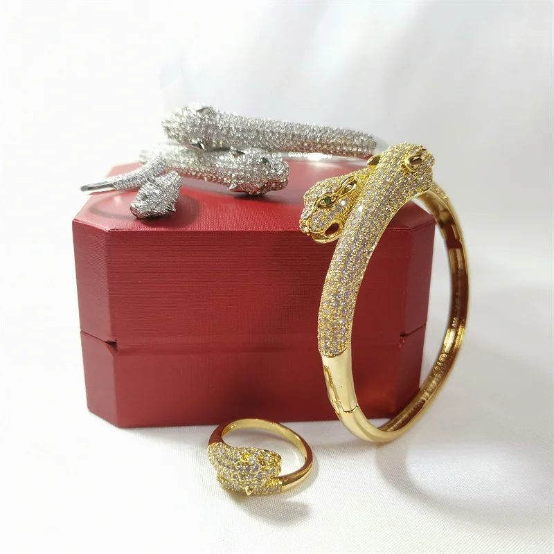 

Fashion Luxury Leopard Head Bangle Ring Sets for Women Copper and Cubic Zirconia Bride Wedding Bracelet Rings Birthday Gift