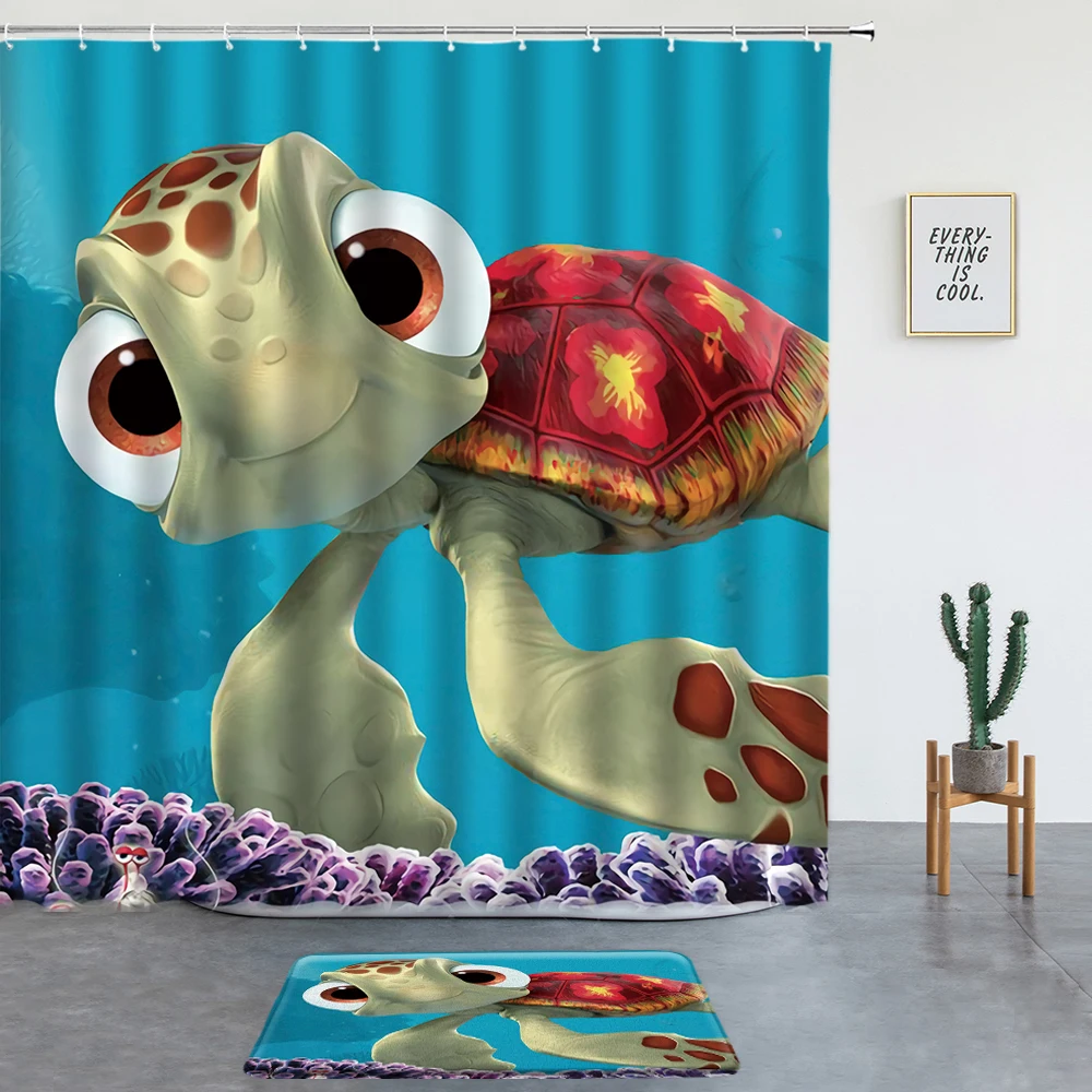 

Sea Turtle Shower Curtains Set Bath Mats Entrance Door Mat Cute Cartoon Animals Kids Room Decor Rugs Bath Screen Non-slip Carpet