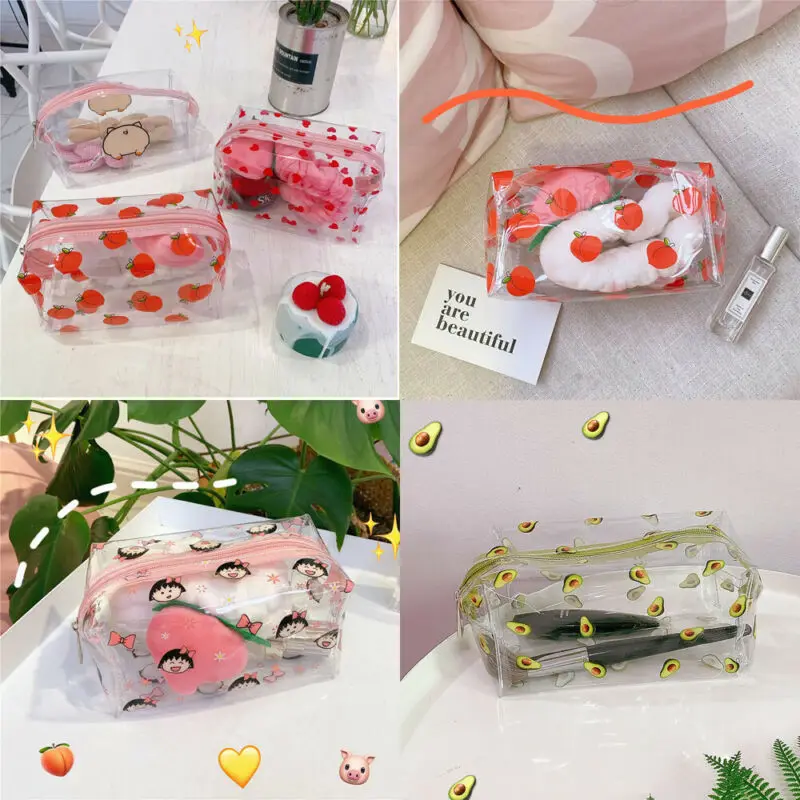 

Hirigin Woman Cosmetic Bags peach Heart-shaped Strawberry Portable Travel Waterproof Transparent Storage Pouch Makeup Case