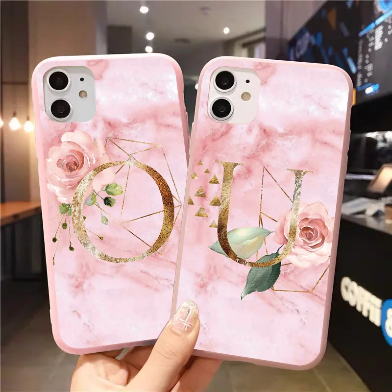 Initial Letter Silicone Phone Case For iPhone 13 12 mini 11 Pro X XR XS Max 6s 7 8 Plus Retro Pink Leaves Soft TPU Back Cover