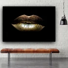 Картина маслом на холсте с изображением черных и золотых сексуальных губ, художественные плакаты и принты для макияжа, Настенная картина для гостиной