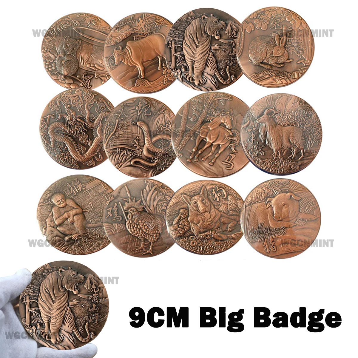 

12PCS/SET 9CM Big Badge Coins Twelve Zodiac Year of The Tiger Collectibles 2022 New Year Xmas Gift Chinese Culture Home Decor