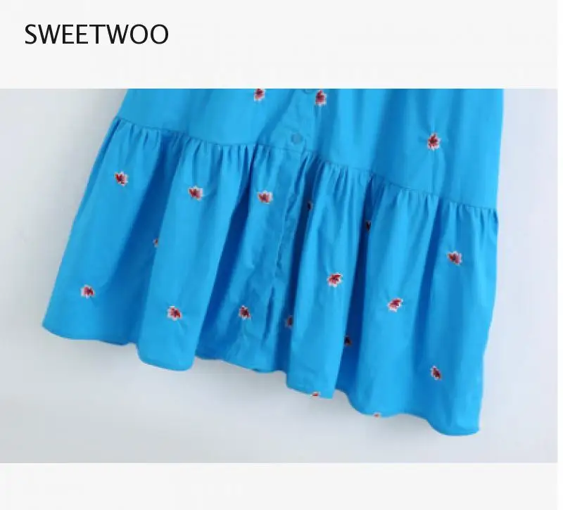 

Ladies retro o-neck flower embroidered shirt dress Chic ladies hem pleated ruffled front mid-length dress