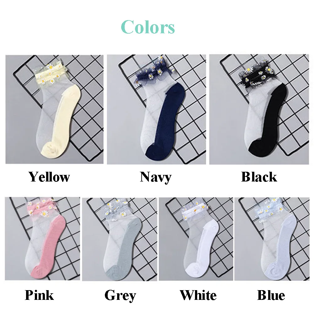 

1 Pair Breathable Ultra Thin Socks Summer Women Transparent Lace Crystal Silk Daisy Flower Ruffle Girls Elastic Short Socks