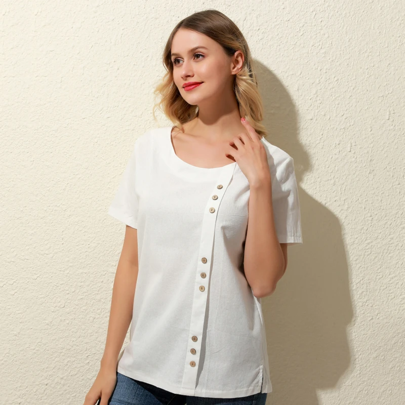 

Casual Loose T-Shirt Women Slim Solid Color Tee Shirt Fashion Large Size Ladies Button Deocr Tshirt for Female