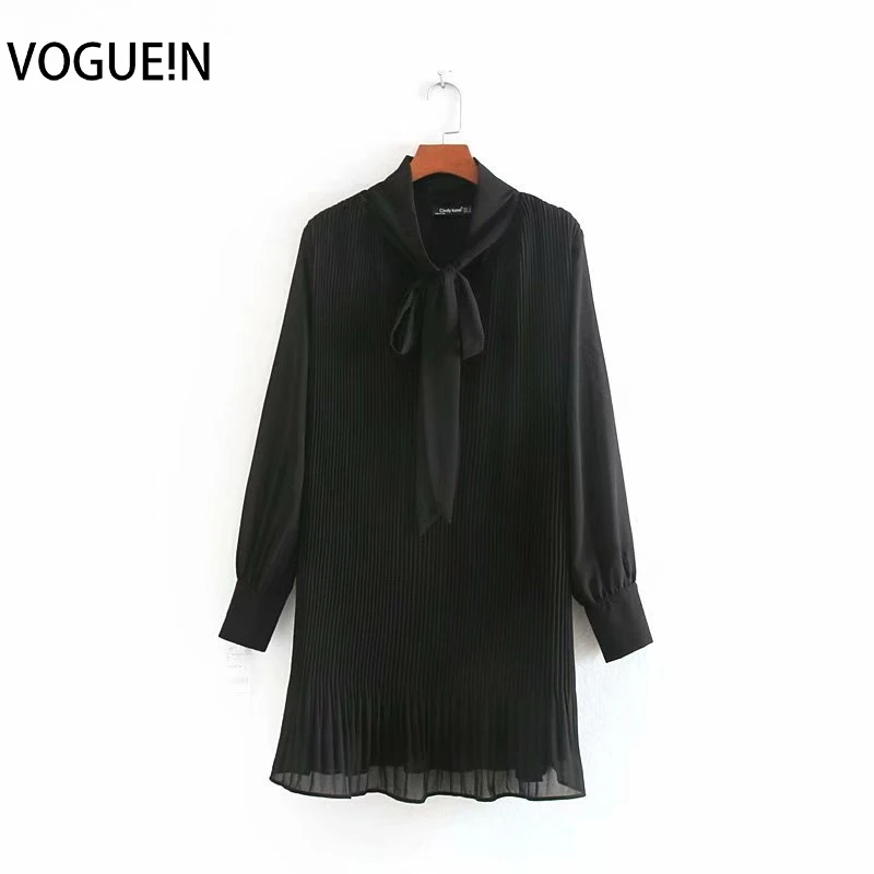 VOGUEIN Новое Женское повседневное черное Плиссированное мини платье с длинными