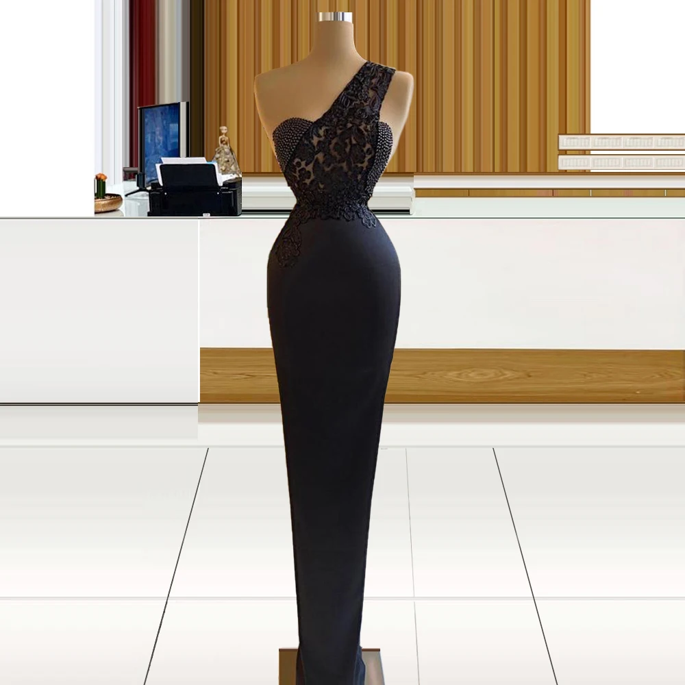 Платье-футляр с жемчугом на одно плечо Черное вечернее платье женское для