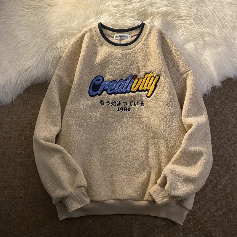 

Winter Women Fleece Hoodies Embroidery Letter Sweatshirt Warm Thick Velvet Loose Top Harajuku Vintage Oversized Teens Pullover