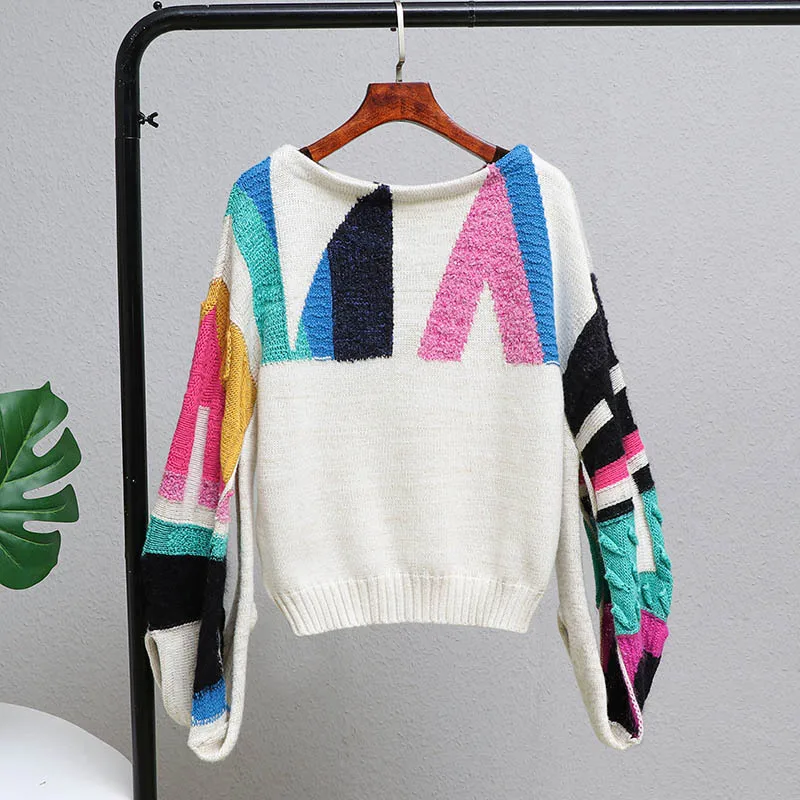 2019 Runway Brand Designer Women Long Sleeve Geometric Patchwork Knitted Sweater autumn Oversized Split Flare Pullover | Женская одежда