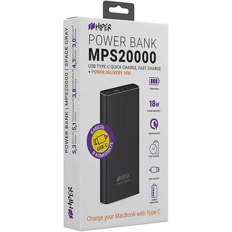 Внешний аккумулятор (Power Bank) HIPER MPS20000 20000мAч темно-серый [mps20000 space gray] - купить по