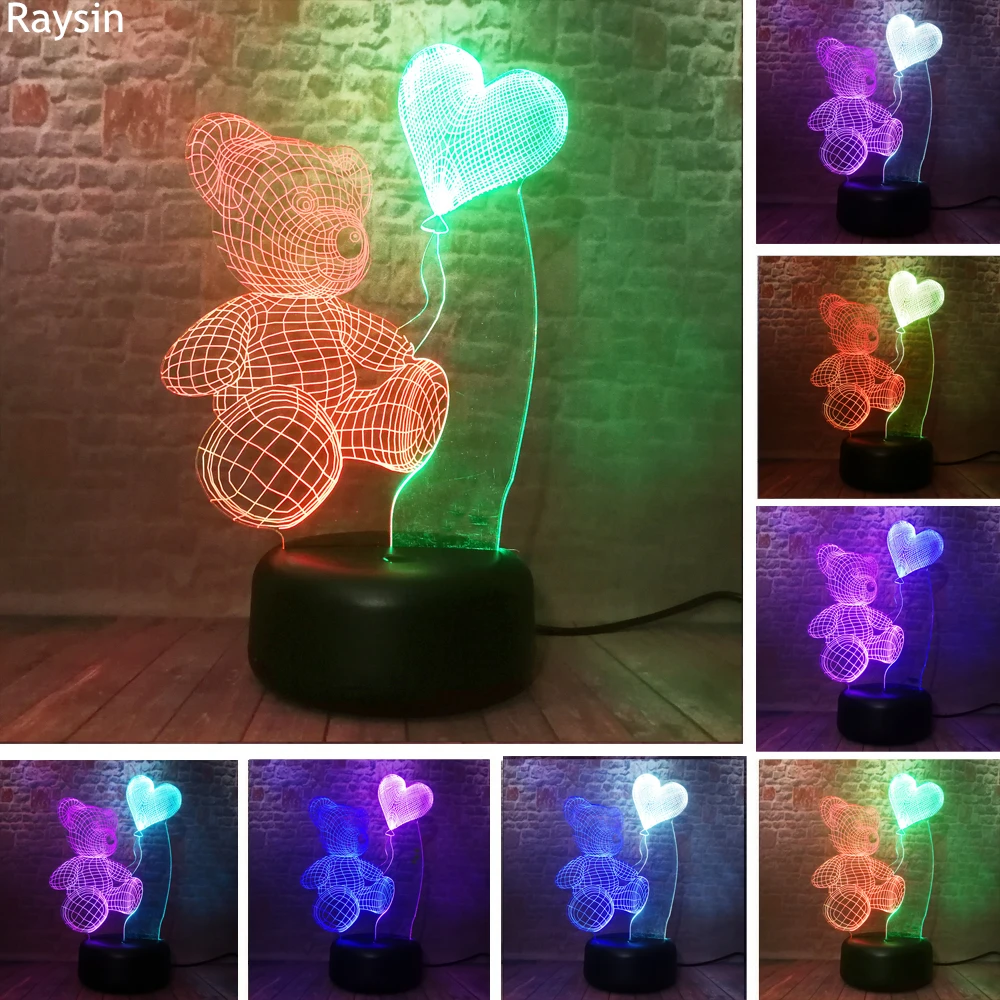Мишка в форме сердца мишка сенсорный разноцветный ночник 3D голограмма украшение