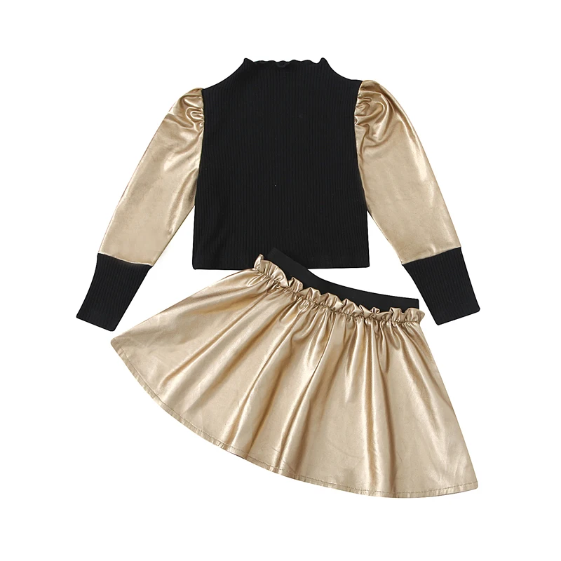 

Fashion Autumn Kids Girls Clothes Sets Long Puff Sleeve Knit Pullover Tops Solid A-Line Mini Skirts 1-8Y