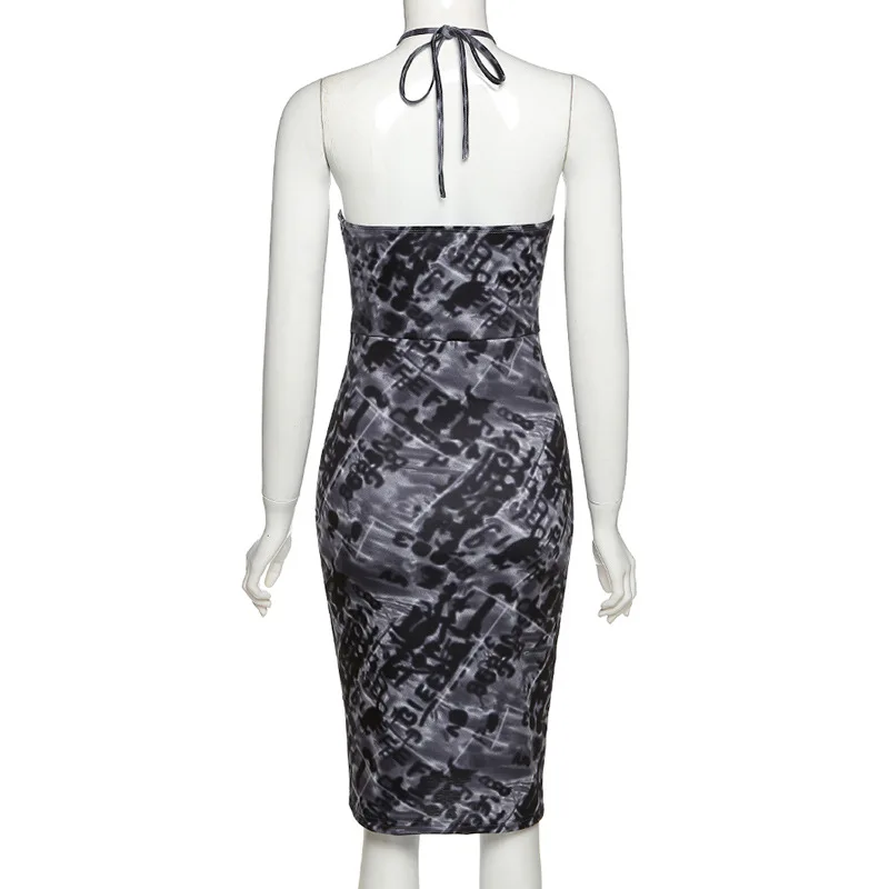 

Tie Dye Black Sexy Dress for Women Halter Backless Midi Dresses Celebrity Party Night Club Bodycon Dress