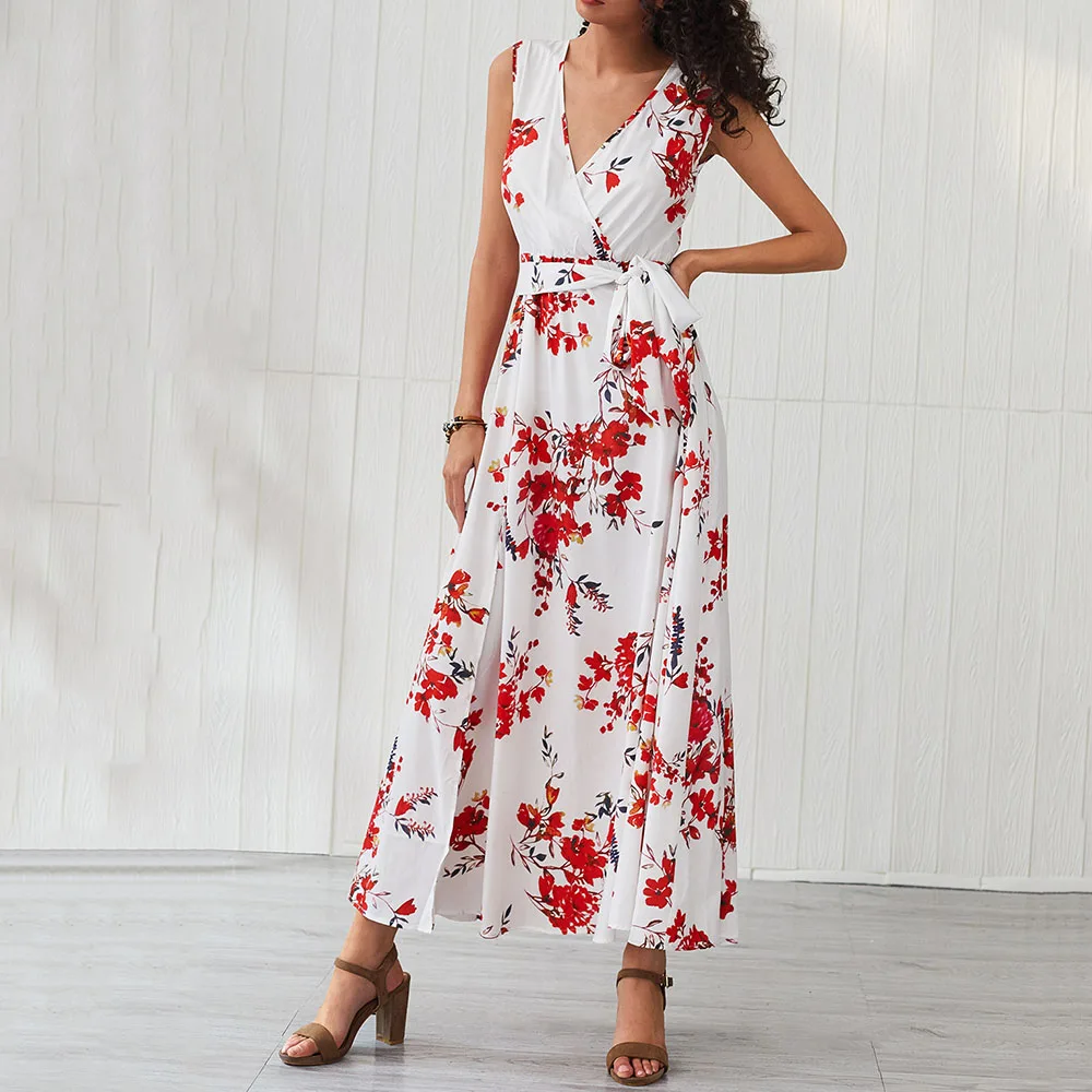Богемное женское белое платье на шнуровке 2020 с цветочным принтом длинное пляжное