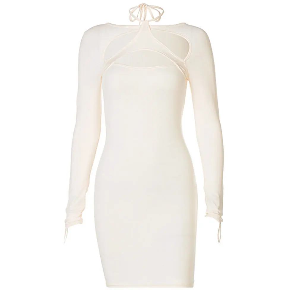 

Women Sexy High Waist Halter Neck Bodycon Dress Off Shoulder Party Hollow Out Fashion Solid Slim Female Long Sleeve Elegant New