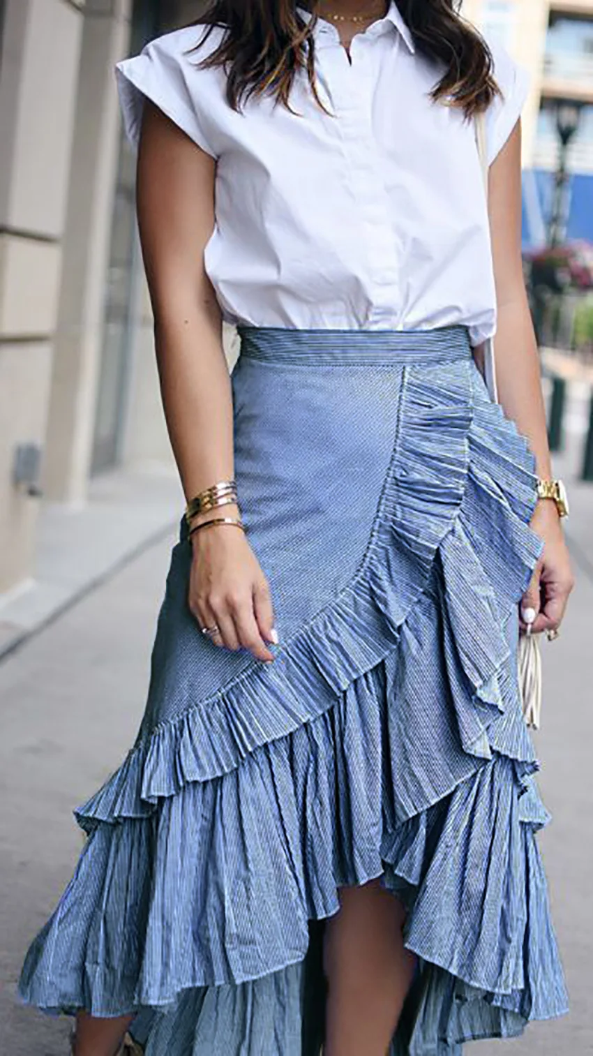 

Ladies Striped High waist Long Skirt Jupe Femme Cotton Summer Sexy Women's Asymmetrical Skirt Ruffles Skirts