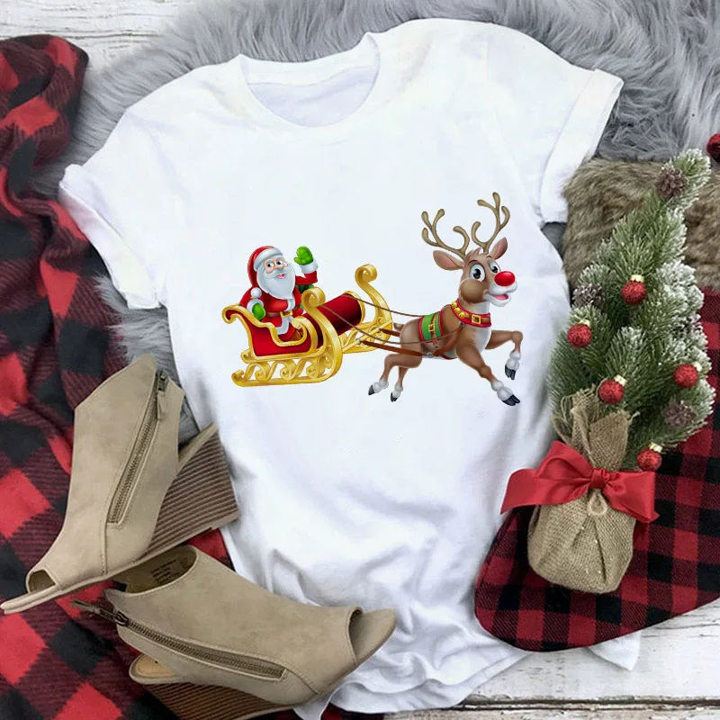 

Clothing New Cute Reindeer T Shirt Women Fashion Christmas Harajuku Short Sleeve T-shirt White Suitable All Seasons Tshirt Tops