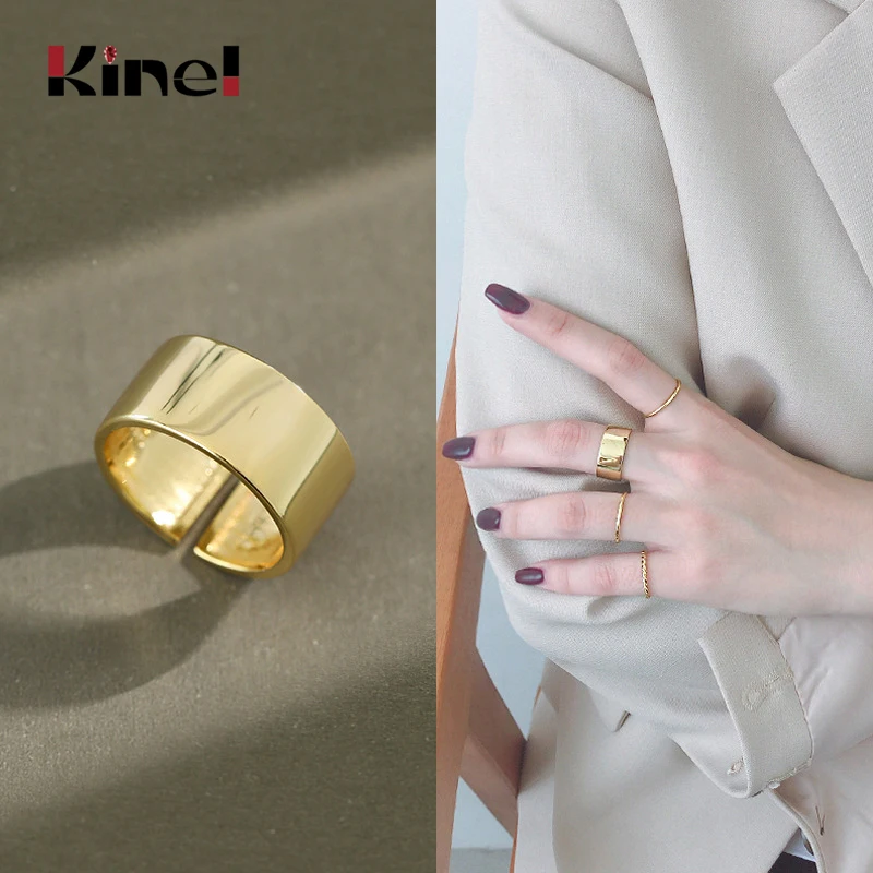 

Kinel Real 925 Sterling Silver 18K Gold Ring Ladies Minimalism Glossy Open Ring Wide Simple Finger Ring Silver 925 Bijoux