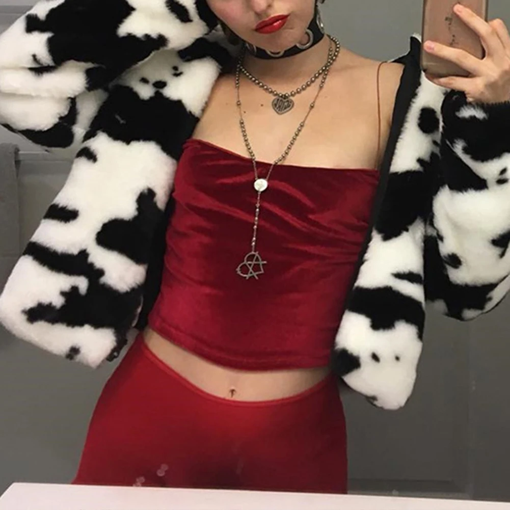 Женские меховые пальто Y2K E-girl с коровьим принтом теплая Модная длинная куртка на