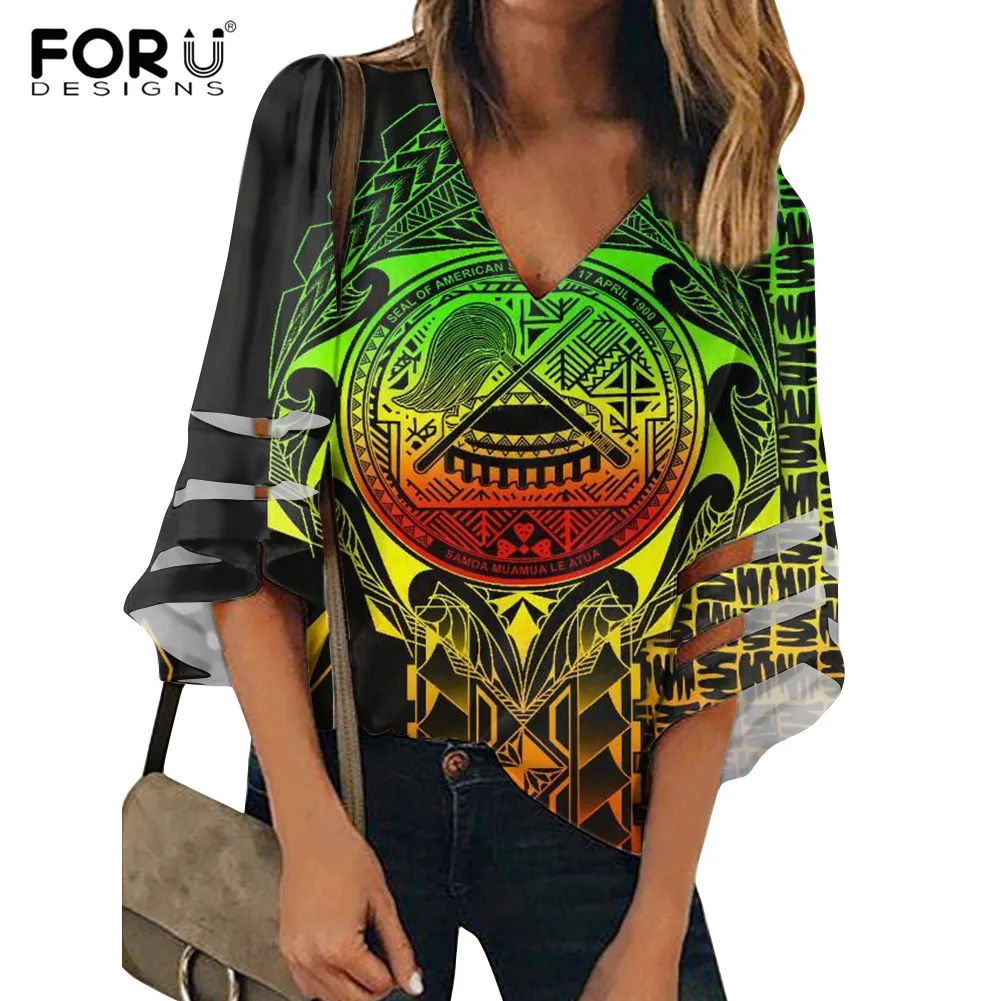 

FORUDESIGNS American Samoan Reggae Pattern Summer Casual Breathable Women Shirt Sexy Office Lady Half Sleeve Loose Streetwear
