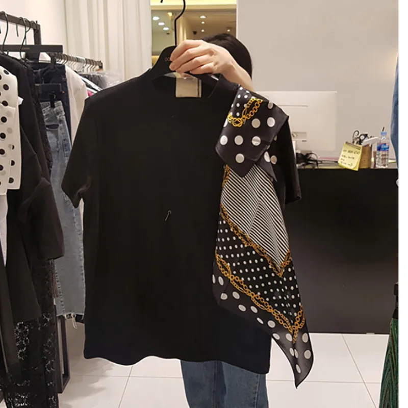

Polka Dot Scarf Patchwork Y2k Summer 2021 Women Top New Fashion O-Neck Kawaii Short Sleeve Korean Chic Loose T Shirts