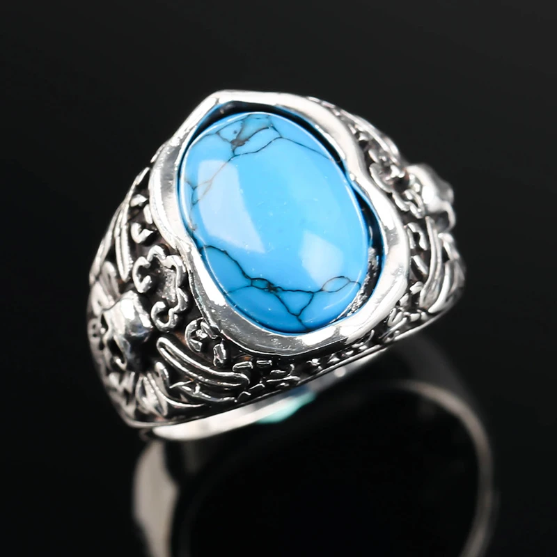 

Vintage Silver Plated Skull Punk Ring Stars Big Blue Oval Stone Bow Rings For Men Women Gothic Party Biker Jewelry Gift A4M907