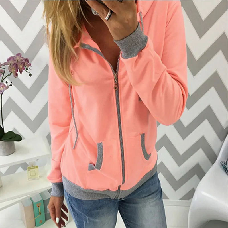 

Women's Spring Winter Hoodies Long Sleeve Patchwork Colors Sweatshirts Casual Pockets Zipper Hooded Ladies Outerwear Clothing
