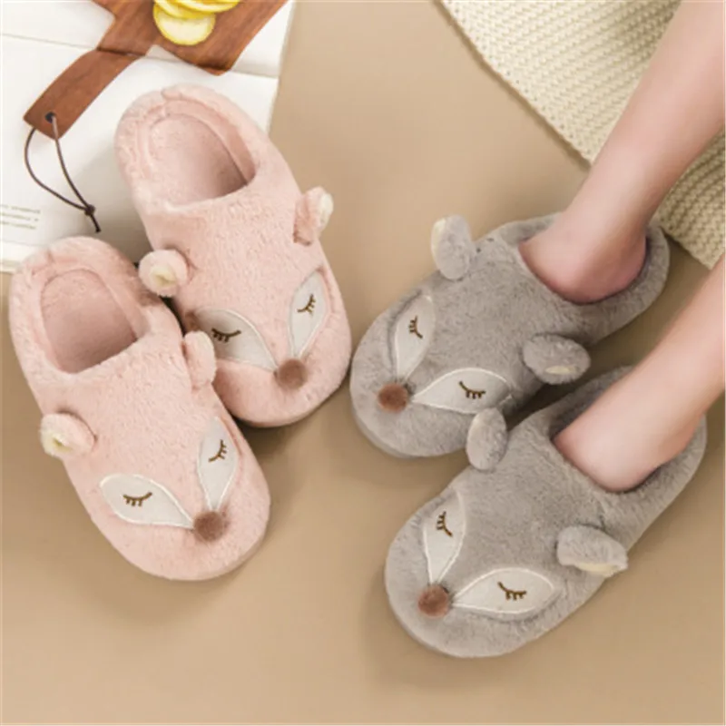 Теплые домашние тапочки для мужчин и женщин милые зимние с мехом лисы