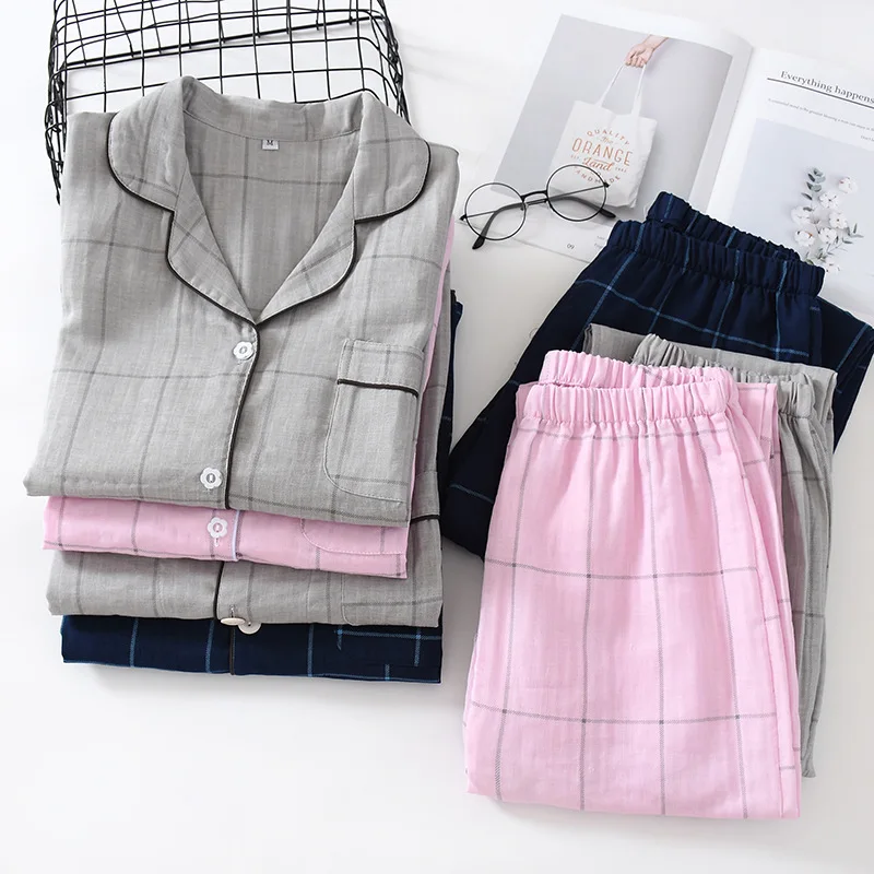 

New Spring Men and Women Long Sleeves Pajamas Plaid Leisure Long Shirt Nightwear Cotton Gauze Sleep Set Matching Couples Pyjamas