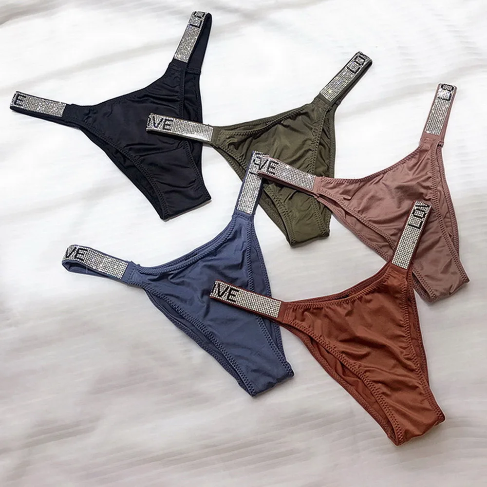 

Letter Rhinestone Sexy Underwear Fitness Sports Hip Lifting Satin Panties Thong Low Waist Seamless Briefs Tanga Lingerie 2021