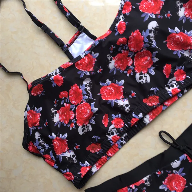 Женский раздельный купальник комплект бикини с черепом/цветочным принтом