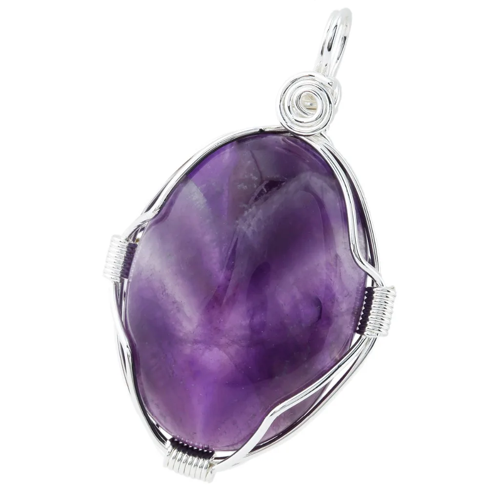 

SUNYIK Amethyst Oval Pendant Silver Color Alloy Handmade Spring Spiral Shape Wrapped Gem Crystal Jewelry For Women Necklace