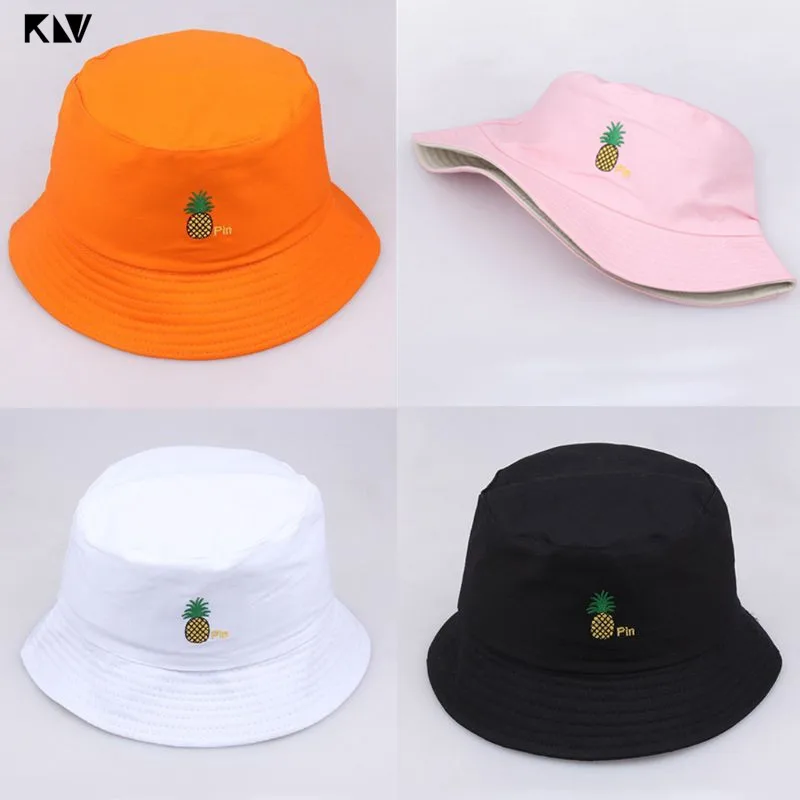 

KLV Women Men Spring Reversible Bucket Hat Cute Pineapple Embroidered Hip Hop Wide Brim Sun Protection Packable Fisherman Cap