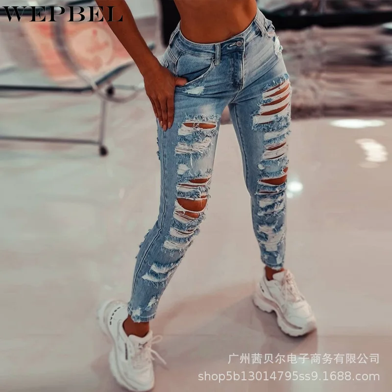 

Mandylandy Women Sexy Hole Jeans Lady Skinny High Waist Ripped Denim Pants Slim Fit Bleached Distressed Pencil Trousers