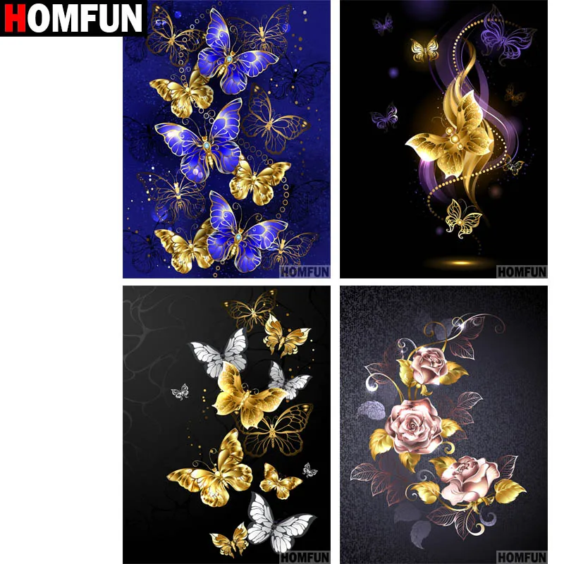 

HOMFUN Full Square/Round Drill 5D DIY Diamond Painting "Golden butterfly flower" 3D Embroidery Cross Stitch 5D Home Decor Gift