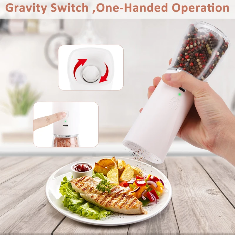 Molinillo de sal y pimienta autom&aacute;tico, molinillo de especias recargable con luz LED, mezclador de pimienta el&eacute;ctrico de cer&aacute;mica ajustable por gravedad-4