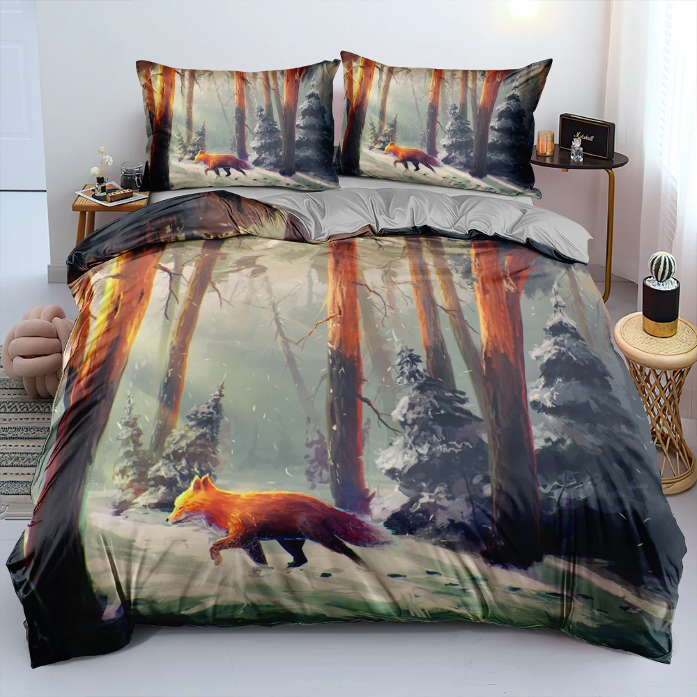 

3D Gray Beddings Animal Quilt Cover Set Fox Comforter Covers and Pillow Shams King Queen Super King Twin Double Size 140*200cm