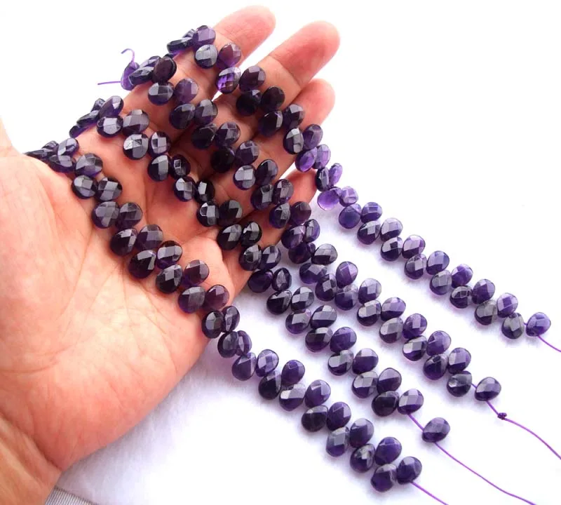 Граненые плоские каплевидные бусины из натурального аметиста для изготовления