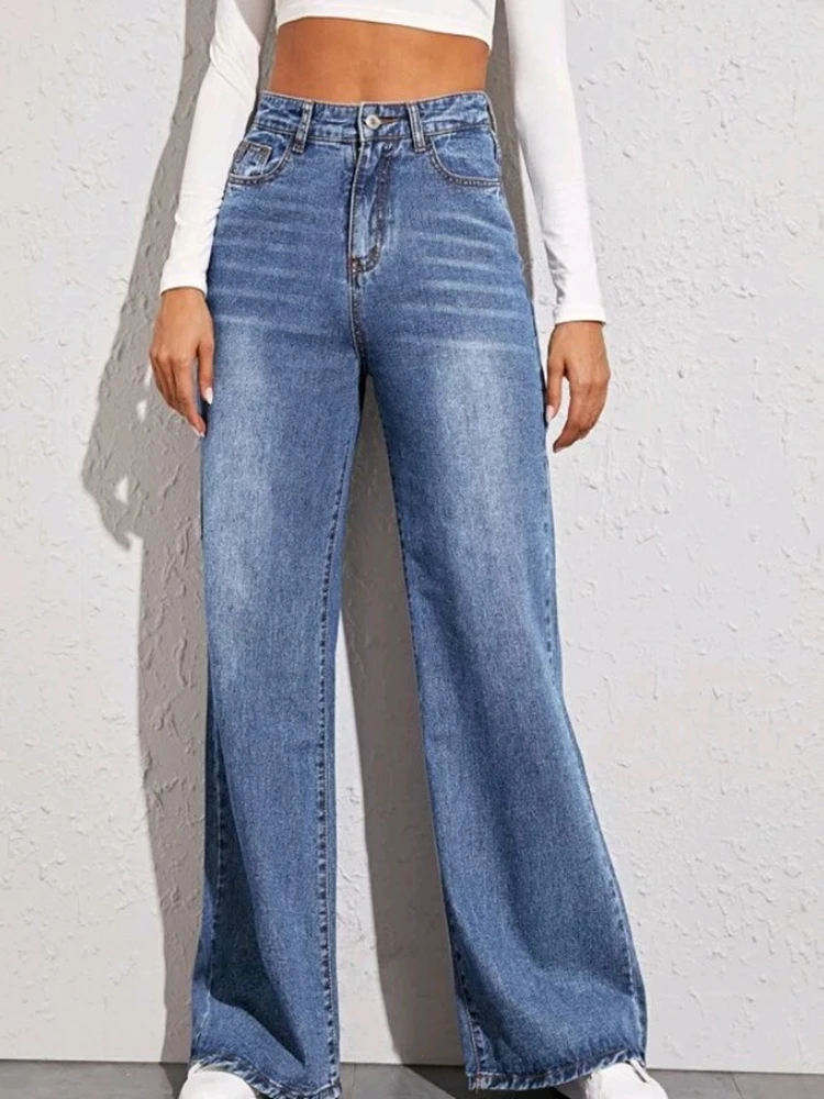 Модные прямые брюки в стиле Харадзюку, женские джинсы с высокой талией, одежда из денима с широкими штанинами, синяя уличная одежда, винтажн...