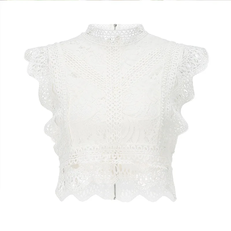 

Sweetkama 2020 fashion summer lace openwork sleeveless round neck T-shirt
