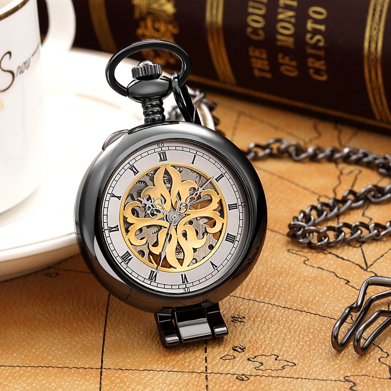 Retro Hollow Skeleton Automatic Mechanical Pocket Watch Mens Fob Chain Steel Exquisite Sculpture Women Pocket