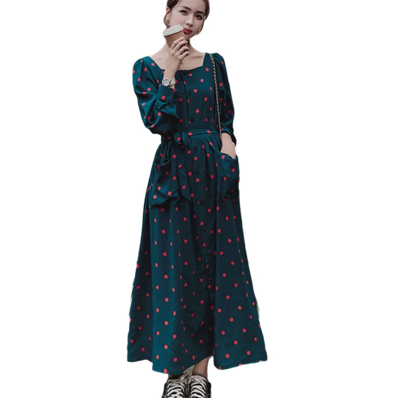 

XITAO Dots Print Casual Dress Women Draped Fashion Style Square Collar Long Sleeve Pocket Bandage Elegant Empire Waist ZY5173