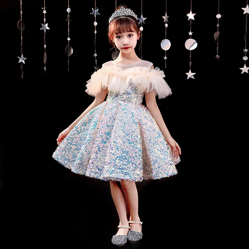 1-12 Year Girls Princess Dress Sequin Lace Tulle Wedding Party Tutu Fluffy Gown Short skirt Kids Evening full dress