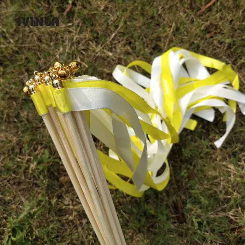 50 шт./партия Желтая и белая Свадебная лента палочки с золотым колокольчиком для