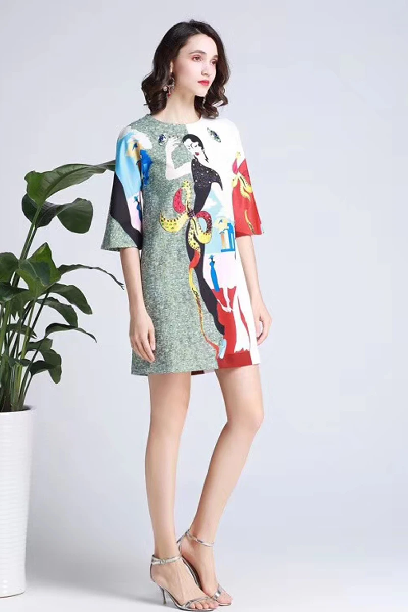 

Mini Dress Spring Summer New Style Women'S Fashion Party Casual Vintage Diamond Print Stitching Chic Dresses