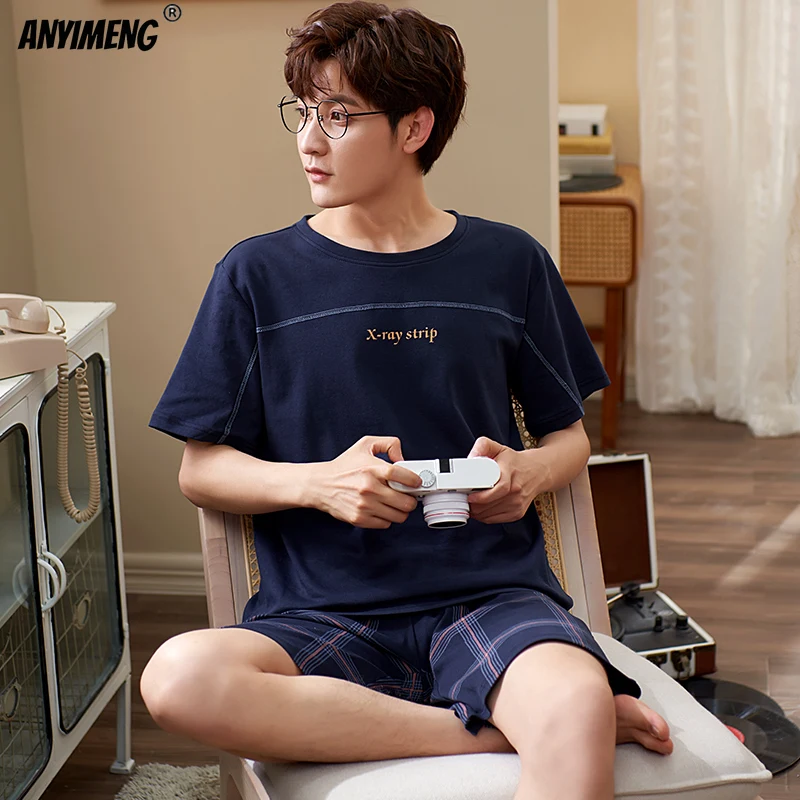 

Men Pajamas Man Sleepwear New 100% Cotton Sleep Wear Plus Size 3xl Short Pure Cotton Sporty Nightwear Soft Comfy 2pcs Pyjama Set